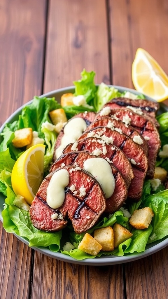 Grilled Steak Caesar Salad with romaine lettuce, Parmesan cheese, and croutons, served with lemon wedges.